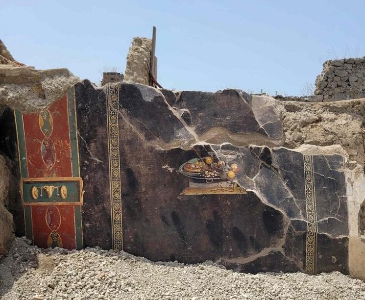 une nature morte sur fond noir dans un parc archéologique de pompéi