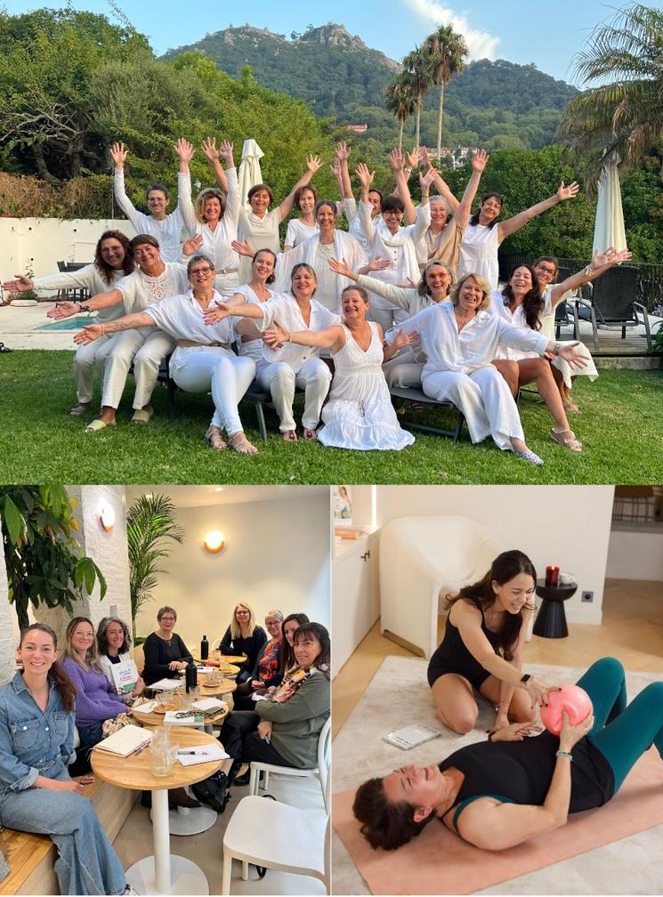 Des femmes lors d'une retraite, d'un repas et d'une séance de sport.