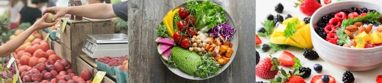 Au marché et des plats de fruits et de légumes