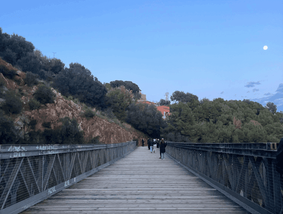 Photo du pont de Mühlberg au coucher de soleil avec des passants espagnols et internationaux qui admirent le paysage.