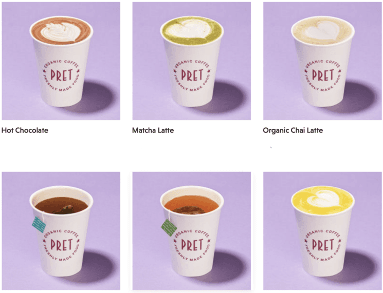 Prêt A Manger menu cafés et thés