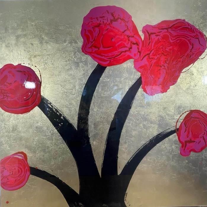 des tulipes rouge sur fond en feuille d'or du peintre SA Candela