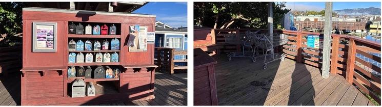 Boîtes aux lettres et caddies sur un ponton des houseboats à Sausalito - Photo AL Bahi