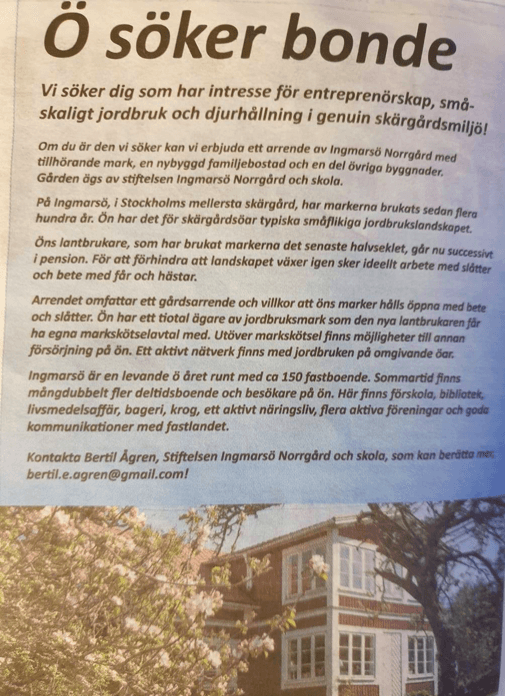 Ingmarsö recherche agriculteur