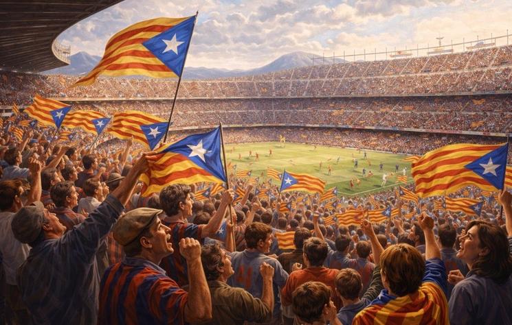 Illustration de catalans brandissant fièrement leurs drapeaux dans les gradins du stade Camp Nou à Barcelone