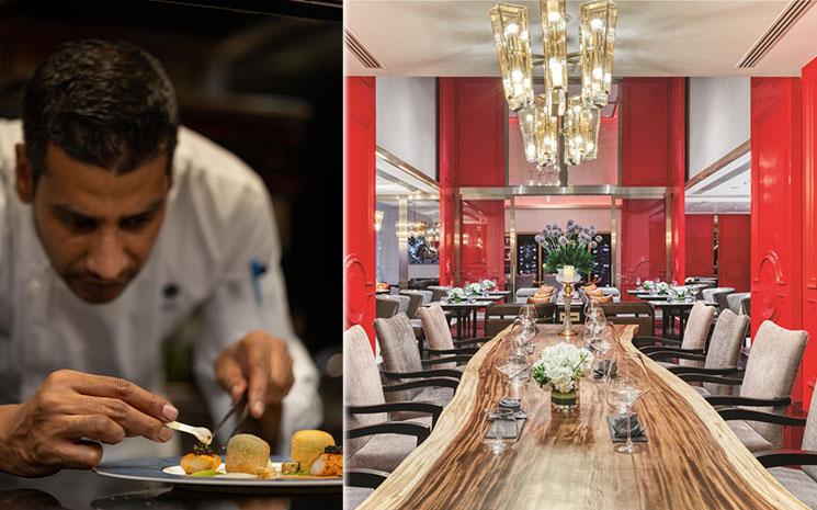 Deux photos du restaurant Allium de l'htel Athenee Bangkok dont une montrant le Chef Remi Verrier au travail