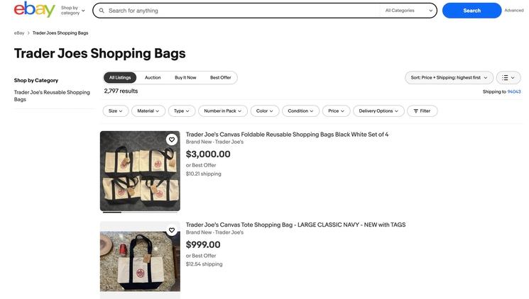 Capture d'écran de la vente de sac Trader Joe's sur ebay