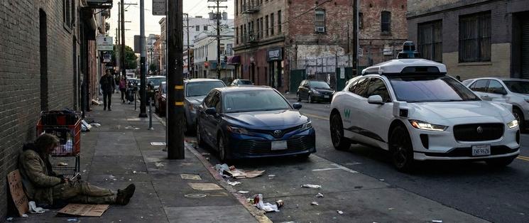 Une Waymo dans les rues d'un quartier pauvre