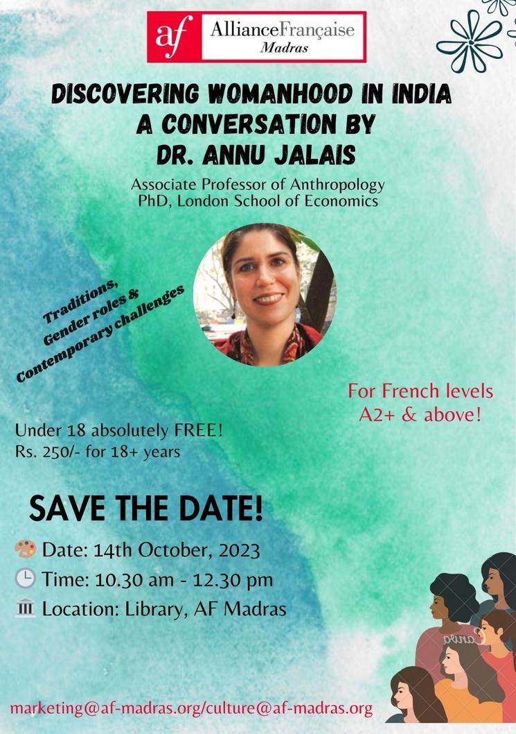 Flyer annonçant la conférence d'Anny Jalais dédiée à la féminité en Inde, le 14 octobre 2023
