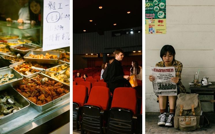 Montage de trois photos : nourriture sur un stand, personnes dans un cinéma et personne lisant le journal local.