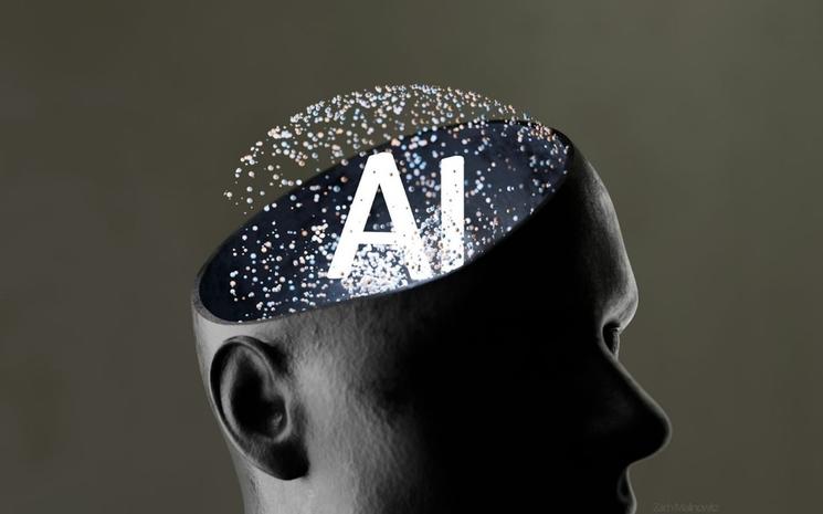 Illustration d'un crâne ouvert avec le sigle IA