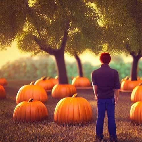 a man holding his head under a tree face to a pumpking field