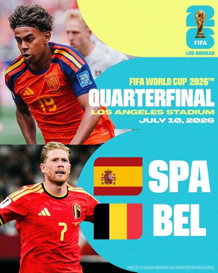 Affiche pour le match de quart de final Espagne - Belgique au Los Angeles Stadium le 10 juillet 2026