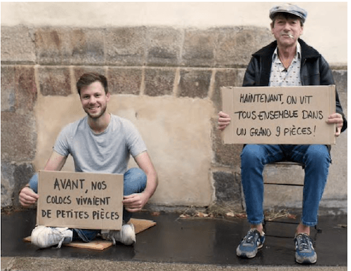 affiche de la fondation lazare avec un SDF et un jeune travailleur