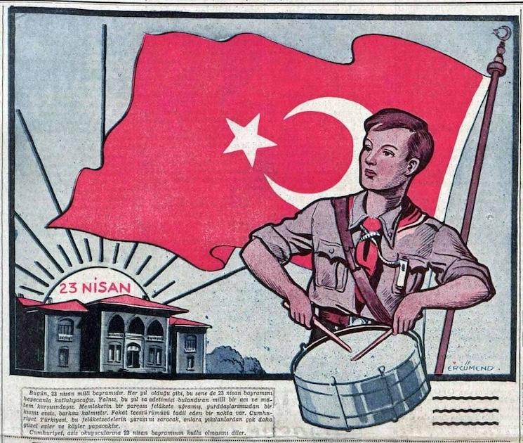Affiche historique illustrant la fête du 23 avril en Turquie, avec drapeau et enfant au tambour