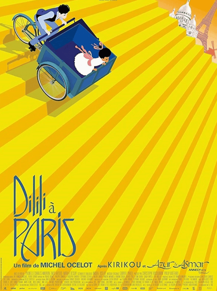 Affiche du film d’animation "Dilili à Paris" de Michel Ocelot, présentant un décor vibrant jaune avec Dilili et son compagnon dans un triporteur, Paris en arrière-plan.