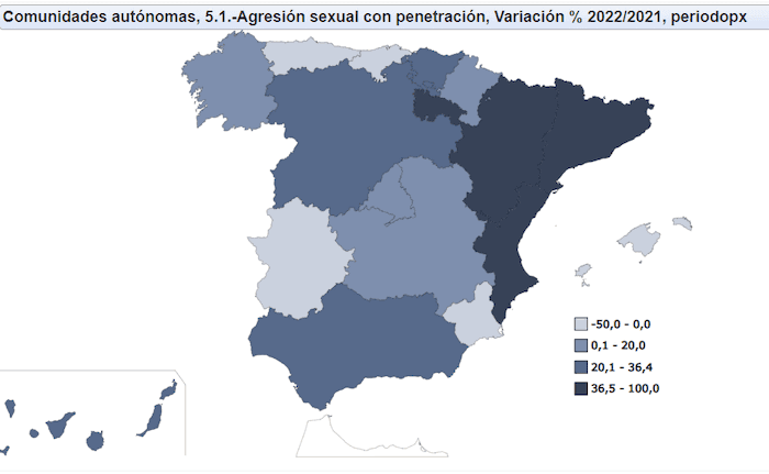 Carte de la variation 2022/2021 (en %) des agressions sexuelles avec pénétration en Espagne.