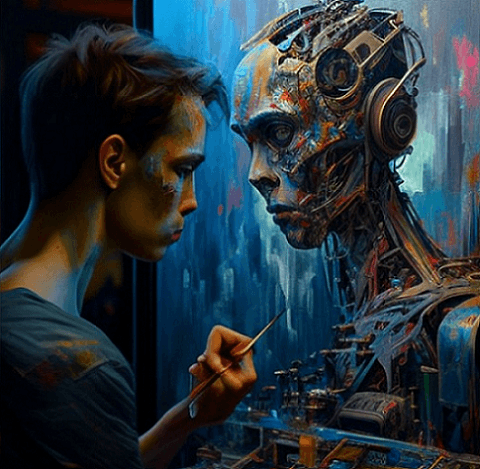 Artiste qui peint une IA, image générée par une IA