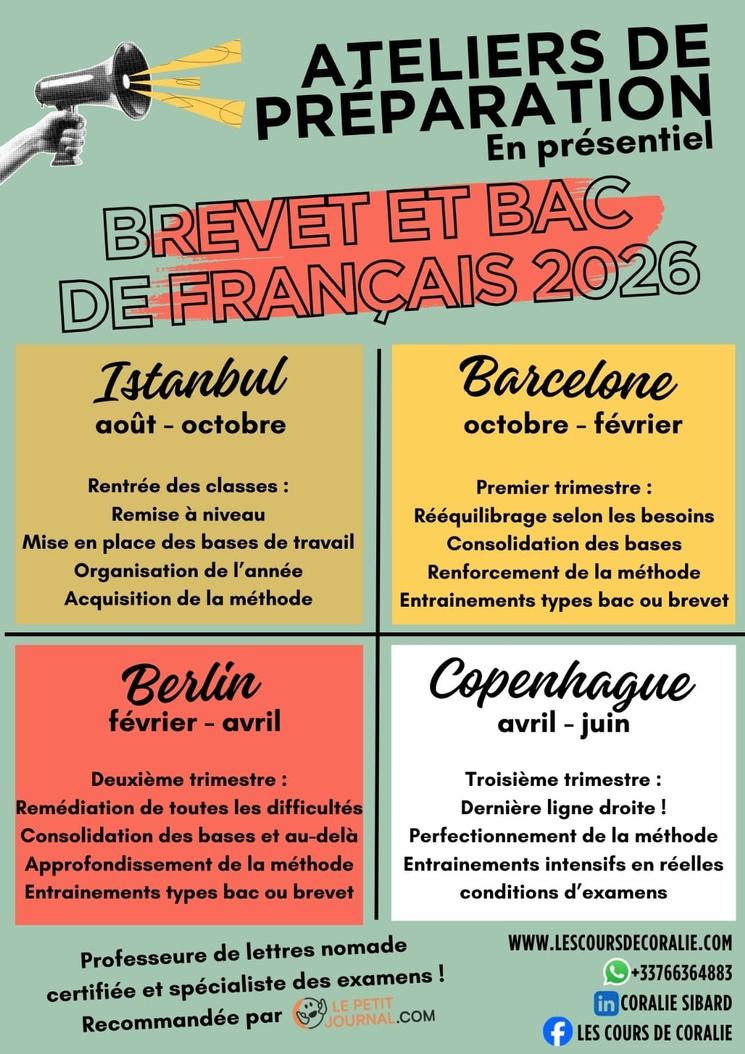 Affiche des ateliers de préparation au bac et brevet de français 2026 proposés en présentiel par Coralie Sibard à Istanbul, Barcelone, Berlin et Copenhague
