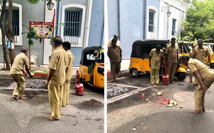 Lancer de pastèque pour Ayudha Puja à Pondichéry