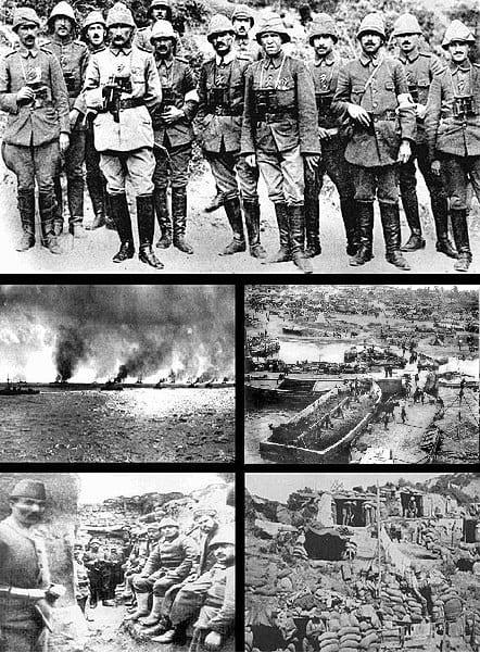 Montage d’images de la bataille de Gallipoli en 1915 : soldats ottomans, bombardements navals, débarquements alliés et tranchées illustrant l’intensité des combats sur la péninsule.