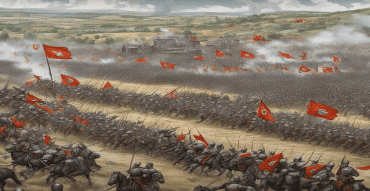 Représentation imagée de la bataille de Kosovo en 1389, évoquée dans les légendes du drapeau turc.