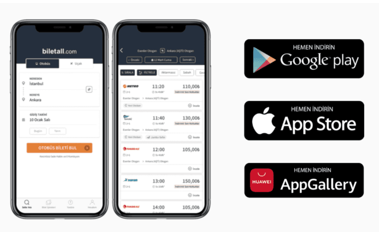 Interface de Biletall, application de réservation de billets de bus et avion en Turquie.