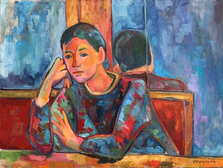 Oil painting by Véronique Desjonquères. 102x75cm. “Blue thoughts”