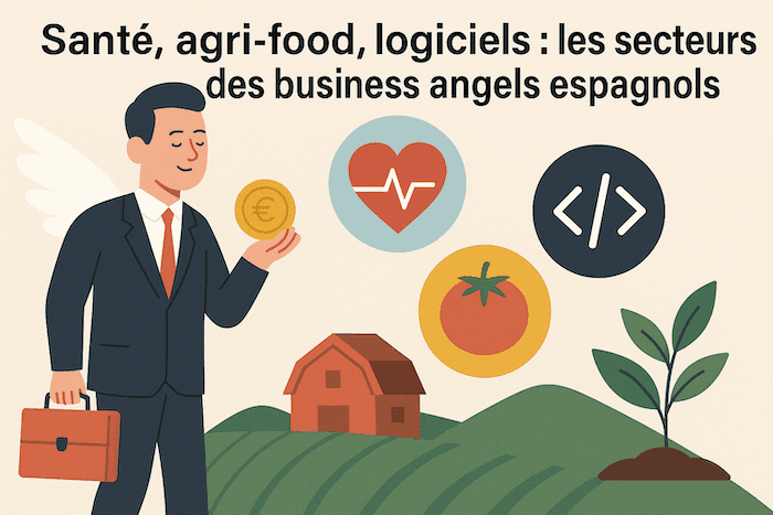 Illustration en flat design représentant un business angel en costume, avec des ailes, tenant une pièce et une mallette. Autour de lui, des icônes symbolisent les secteurs clés en Espagne : un cœur pour la santé, une tomate pour l’agri-food, et une balise de code pour les logiciels. À l’arrière-plan, une ferme stylisée et une jeune pousse évoquent l’investissement dans l’innovation.