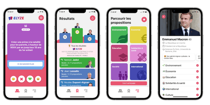 captures d'écran de l'appli elyze
