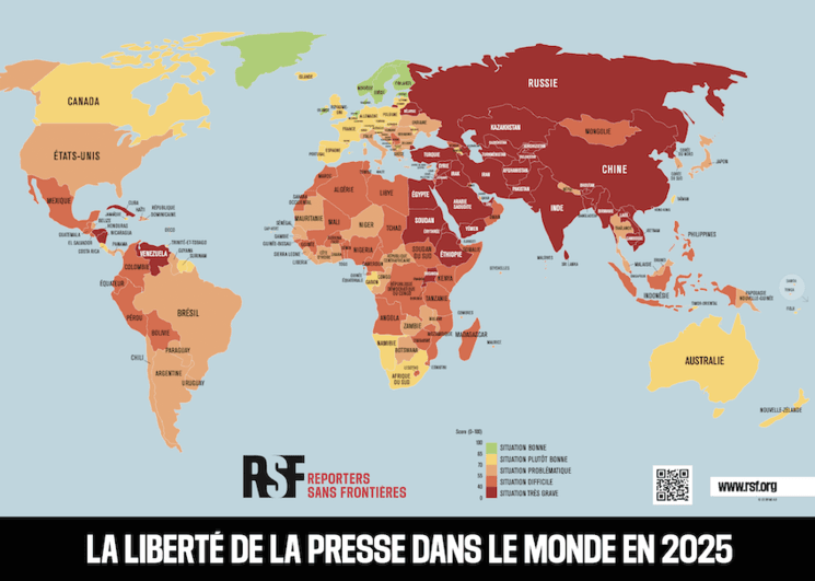 carte du classement de la liberté de la presse dans le monde en 2025 RSF