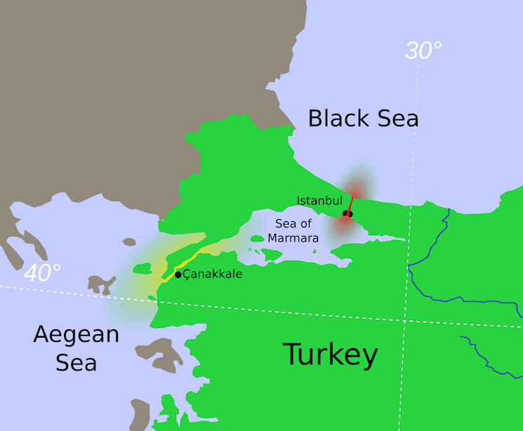 Carte du détroit des Dardanelles en Turquie, montrant Çanakkale, la mer de Marmara et Istanbul. Un point stratégique clé lors de la bataille de 1915.