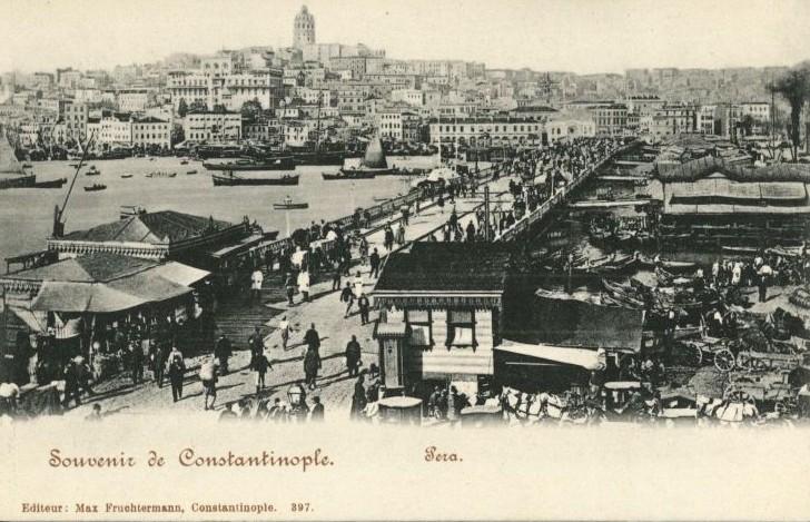 Carte postale ottomane ancienne du pont de Galata à Constantinople au début du XXe siècle