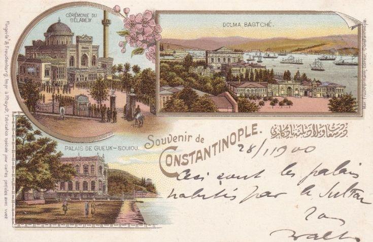Carte postale ottomane Souvenir de Constantinople représentant le palais de Dolmabahçe et d'autres monuments de la ville au début du XXe siècle