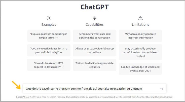 Chat GPT reponse aux questions sur l'expatriation au Vietnam