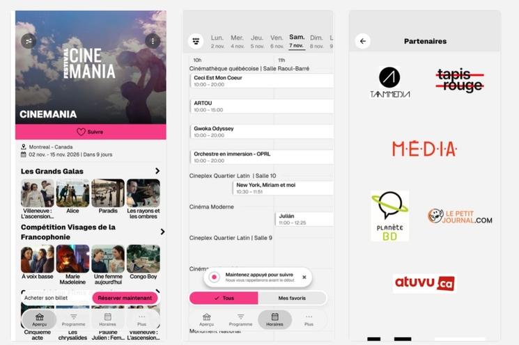3 écrans de l'app