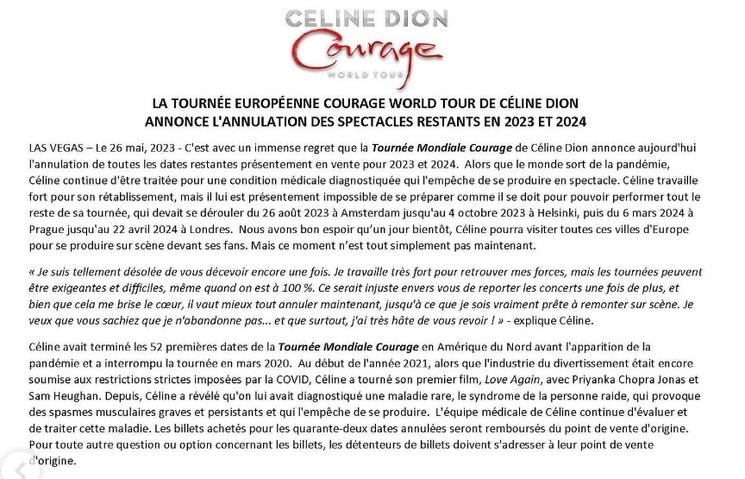 Communiqué - annulation de la tournée de Céline Dion