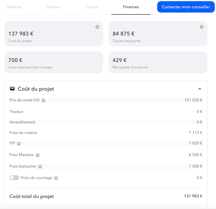 on voit le cout total de l'investissement sur l'application