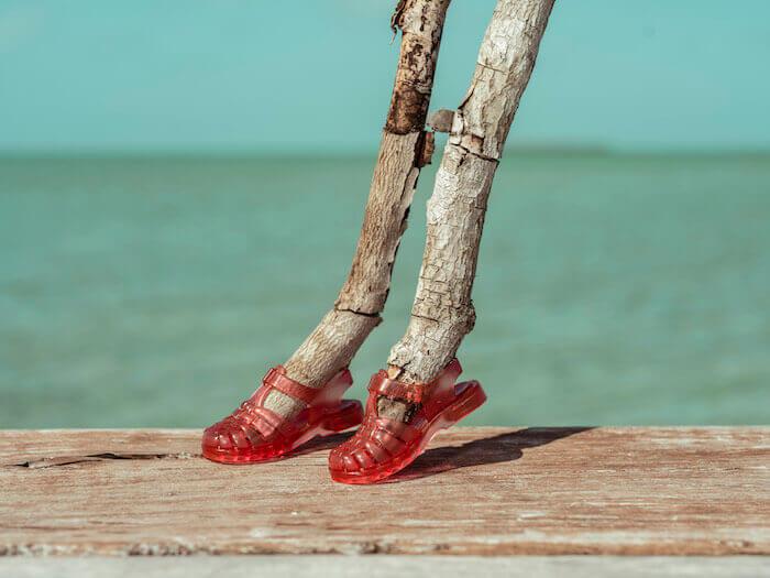 une photo de cristina de Middel de deux troncs d'arbres secs dans des sandales en plastique