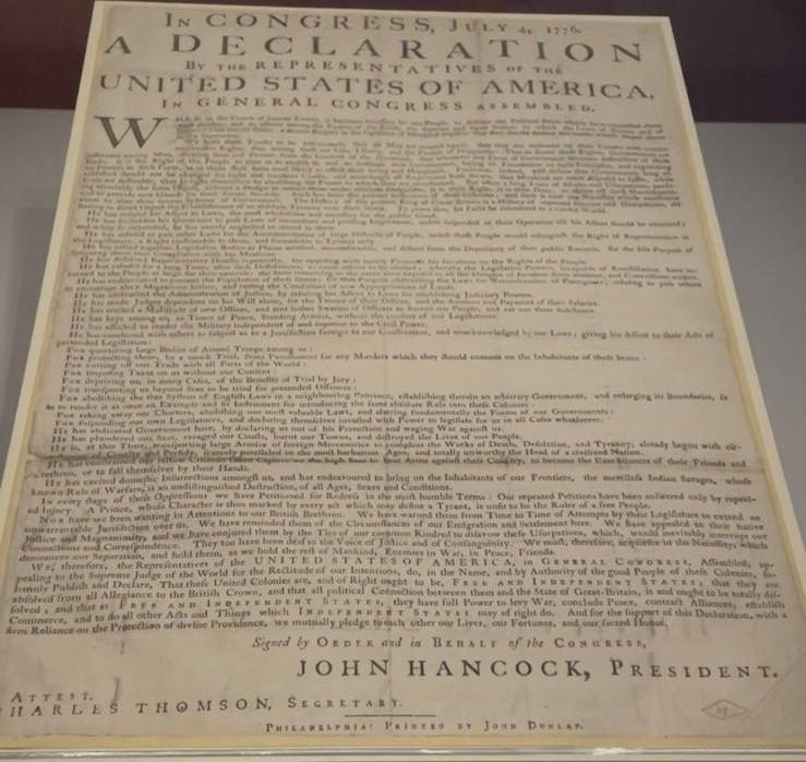 Copie de la Déclaration d'indépendance des Etats-Unis datant de 1776