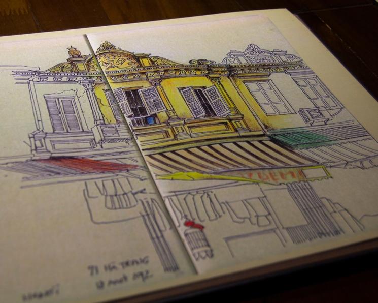 un dessin d'architecture du vieux quartier hanoi