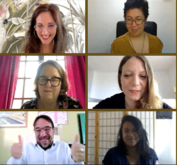 emmanuelle jappert en train d'animer un atelier d'écriture en visio avec des auteurs en herbe