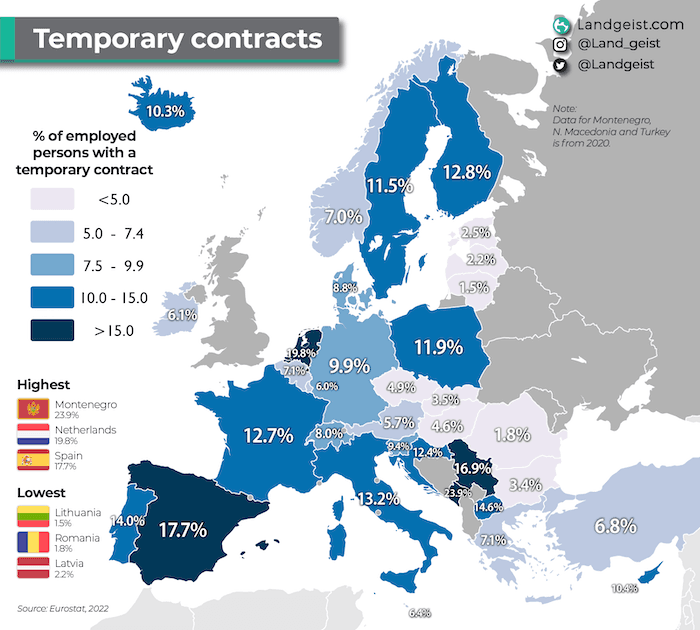 carte des emplois temporaires en Europe - source Eurostat