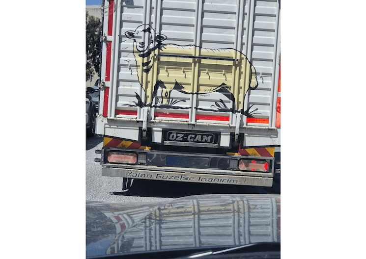 Slogan affiché à l’arrière d’un camion en Turquie évoquant la beauté du mensonge et la sensibilité émotionnelle dans la culture populaire turque