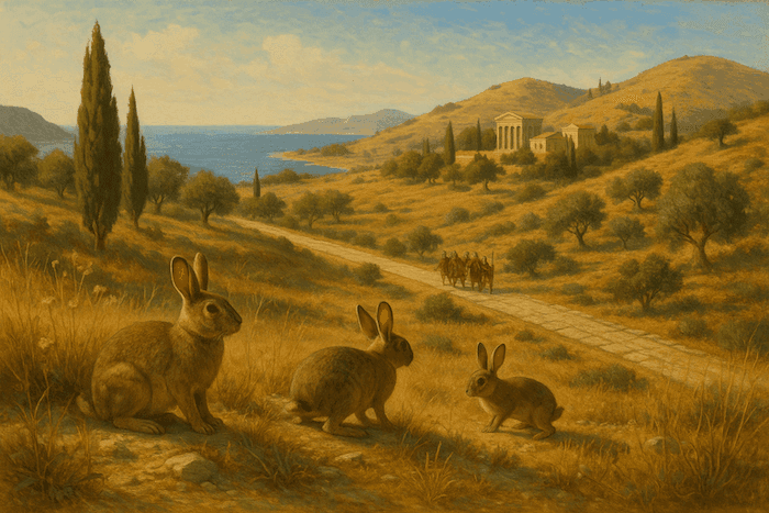 Paysage méditerranéen à l’époque romaine, avec trois lapins au premier plan, une route romaine bordée d’oliviers et de cyprès, des soldats marchant au loin et un temple antique dominant les collines près de la mer.