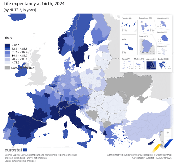 carte eurostat de l'espérance de vie en Europe