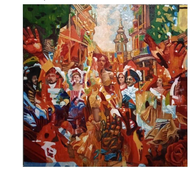 Tableau vibrant aux couleurs chaudes représentant une scène inspirée de l'opéra Carmen, exposé à l'Institut Français d'Istanbul en février 2025.