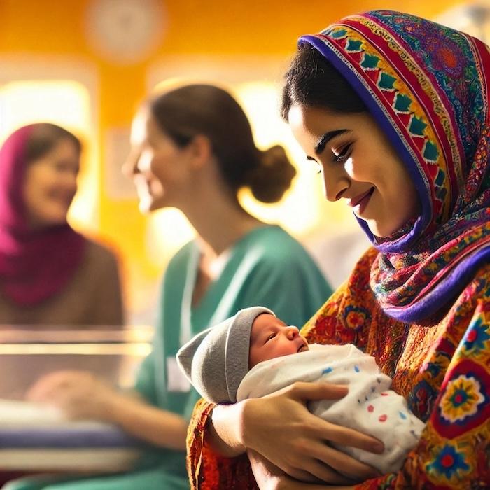 femme étrangère tenant un bébé dans les bras dans une maternité espagnole