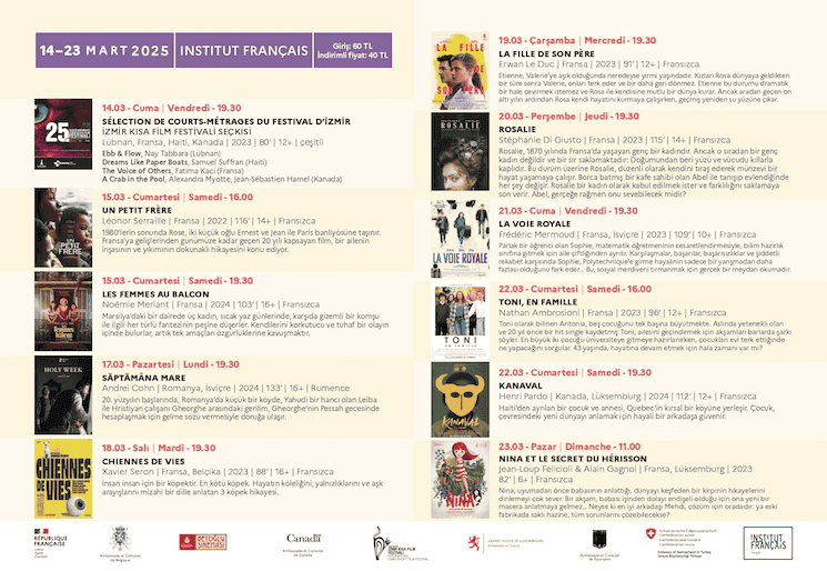 Programme des projections du Festival du Film Francophone 2025 à l’Institut Français d’Istanbul.