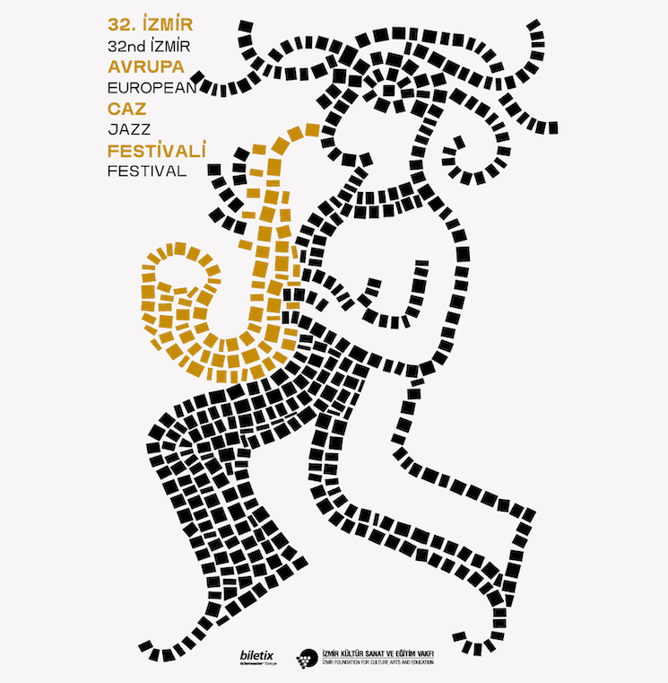 Affiche officielle de la 32ᵉ édition du Festival Européen de Jazz d’Izmir 2025, mettant en avant un design artistique moderne.